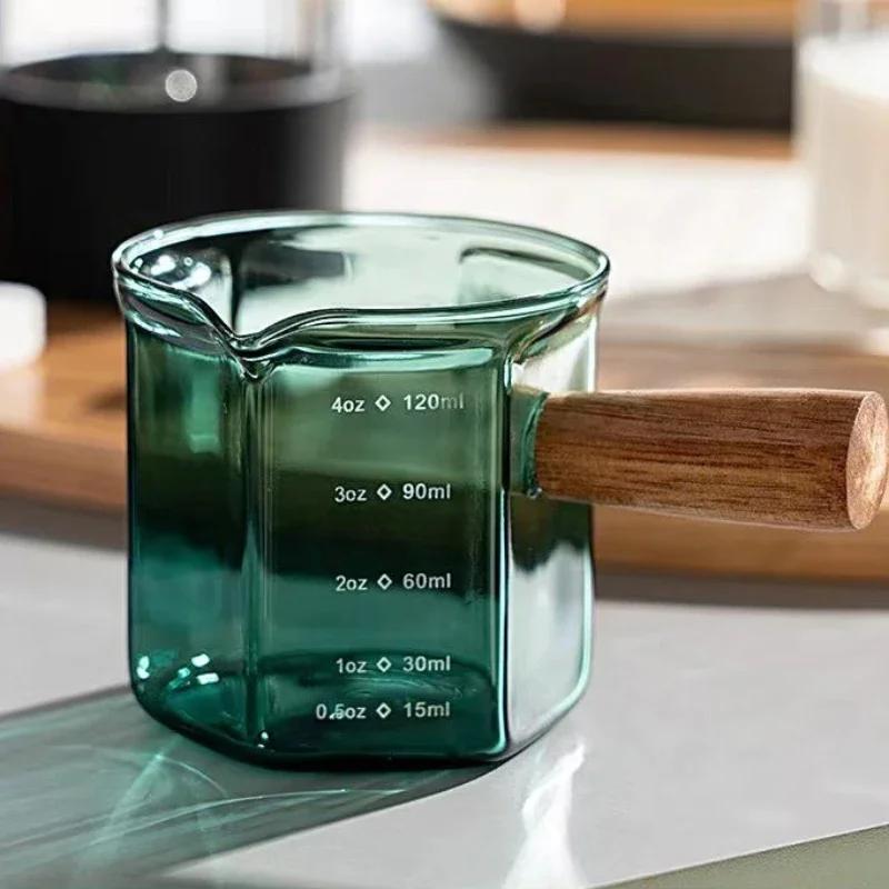 120 мл мерный стакан для эспрессо из боросиликатного стекла со шкалой, деревянная ручка, чашки для молока, латте, кухонные принадлежности для бариста