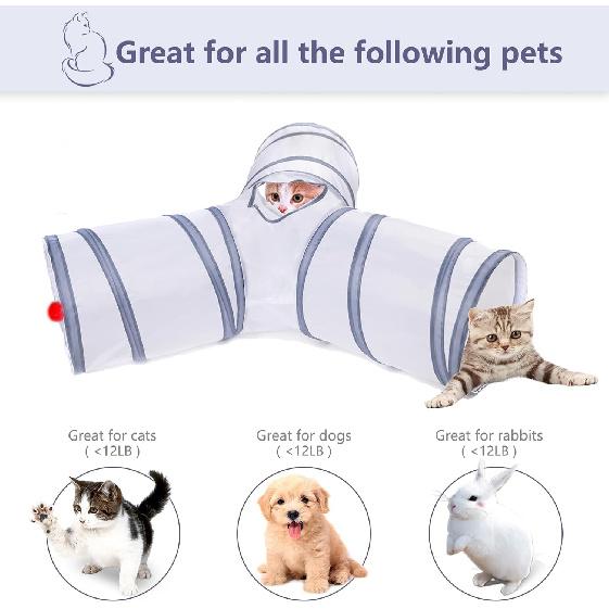 Cat Tunnel, Collapsible Tube with 1 Play Ball Toys, 3 Ways Tunnels for Indoor Cats, Puppy, Kitty, Kitten, Rabbit (White and Gray)