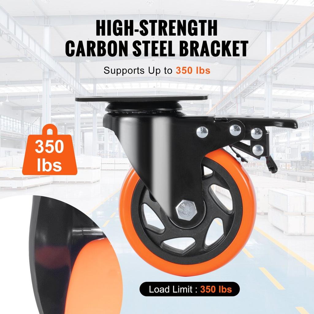 Caster Wheels, 4-inch Swivel Plate Casters, Set of 4, with Security A/B Locking No Noise PVC Wheels, Heavy Duty 350 lbs Load Capacity Per Caster,