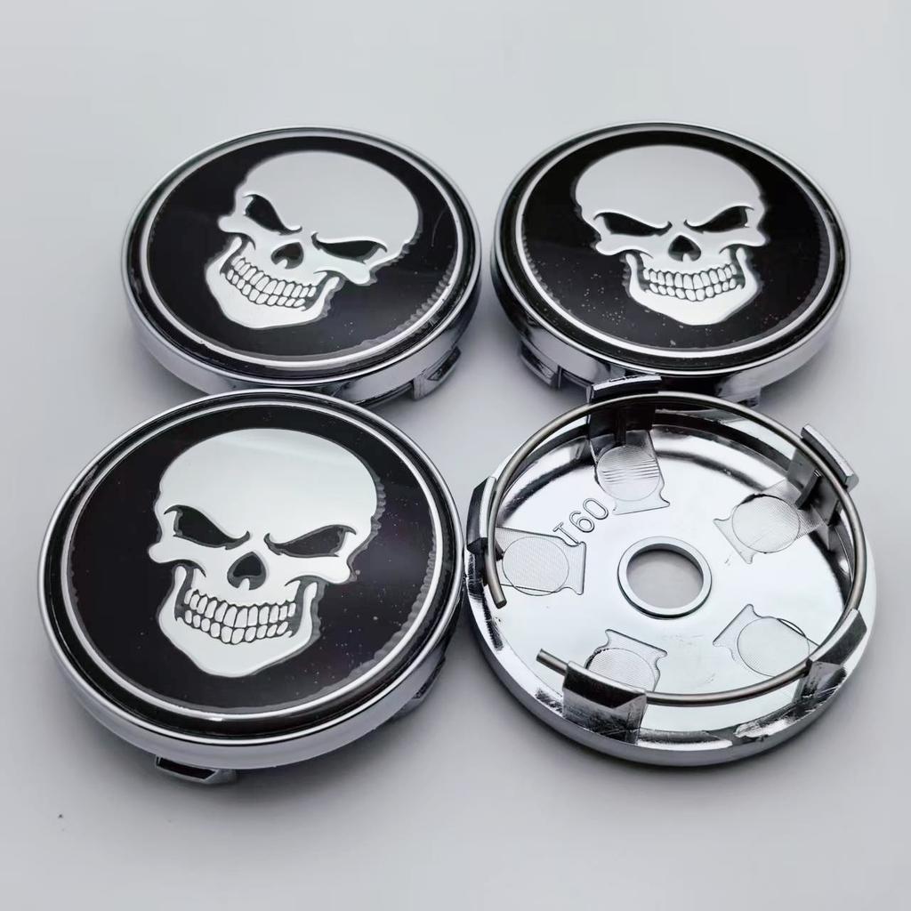 4pcs 60MM ( 56MM I.D) Skull Logo Emblem Car Wheel Center Caps Styling Accessories for Wheels Hub Rim Hubcaps Cover Badge Replace