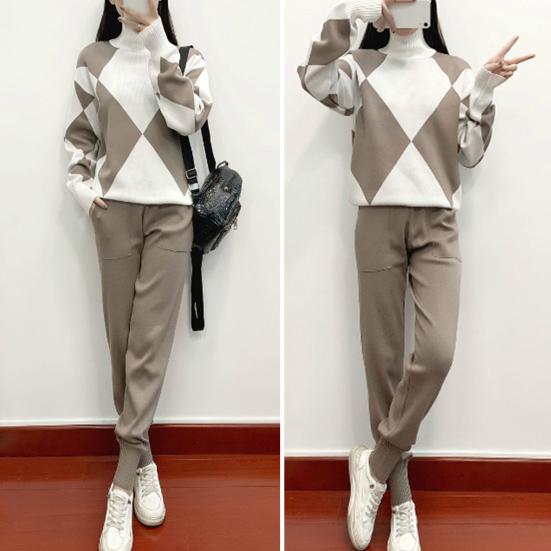 2 шт./компл. женский свитер и брюки, комплект, толстый геометрический принт, высокий воротник, защита шеи, длинный рукав