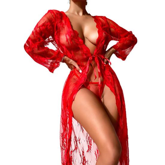 Женская ночная рубашка с открытой передней частью, шнуровка, две части, прозрачное цветочное кружево, сексуальное