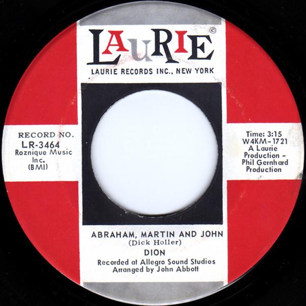 7-дюймовая пластинка DION - Abraham, Martin And John / Daddy Ro LR3464 Laurie Records 1968 US Рок Б/У