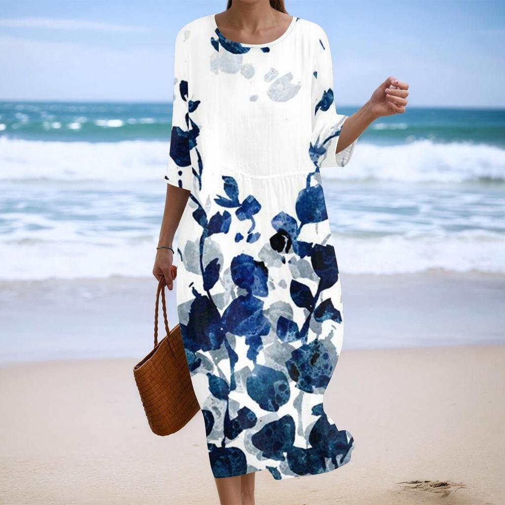 Женское модное платье свободного кроя с принтом, круглым вырезом и рукавом три четверти