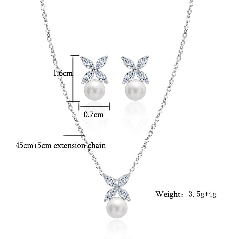 ZAKOL 2 Pcs Simple Marquise Zircon Pearl Stud Earrings Necklace Jewelry Sets for Women Charm Jewelry Gift