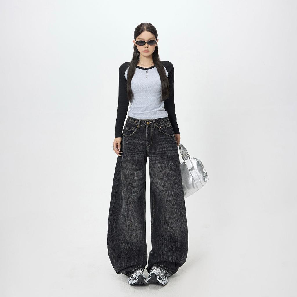 Autumn and winter new adjustable waist American retro loose wide-leg pants scimitar pants jeans women
