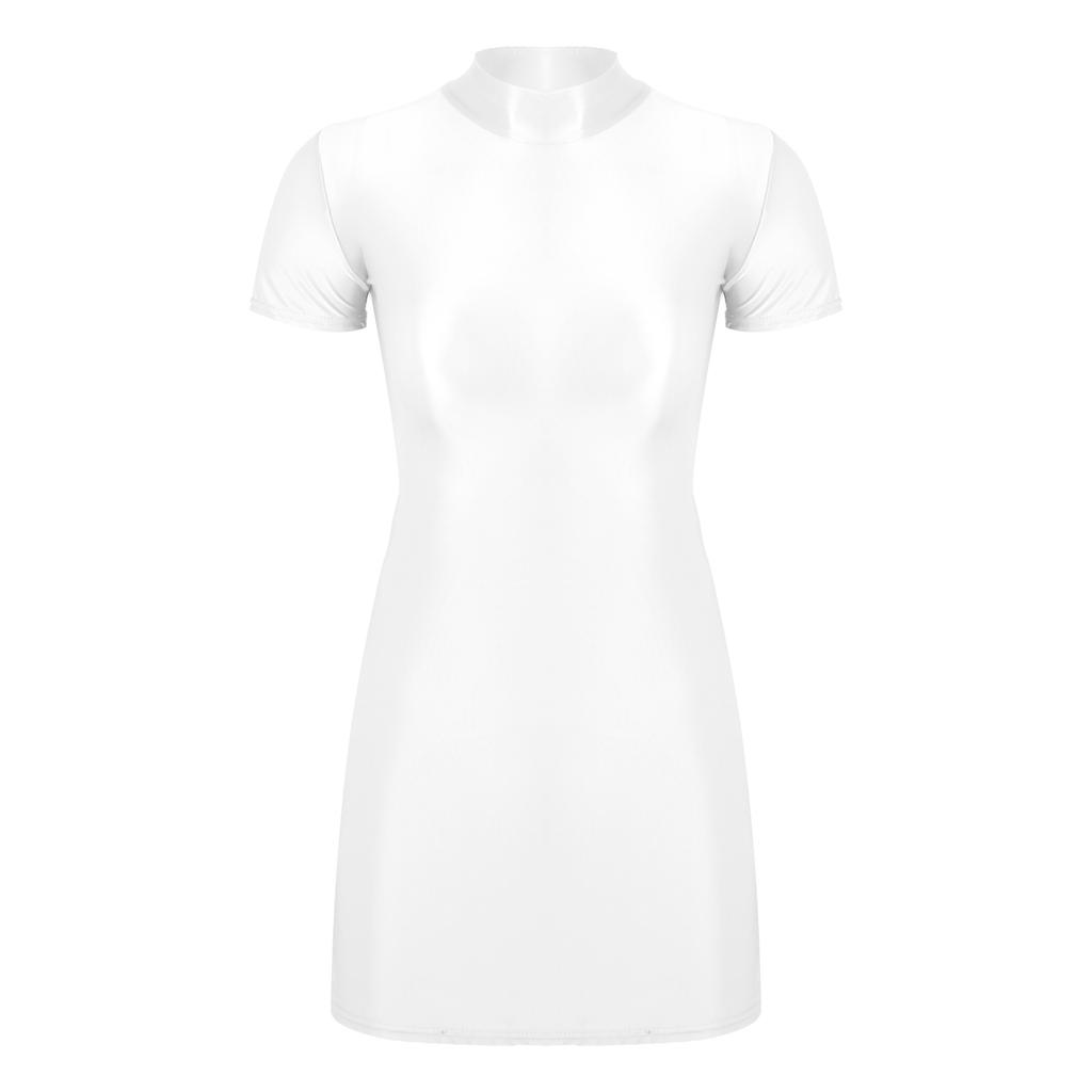 Womens Bodycon Mini Dress Glossy Fabric Mock Neck Short Sleeve Clubwear