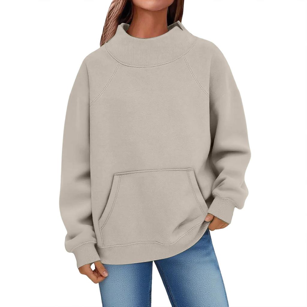 Women's Fashion Oversized Fleece-Lined Long-Sleeve High-Neck Pullover Solid Color Sweatshirt