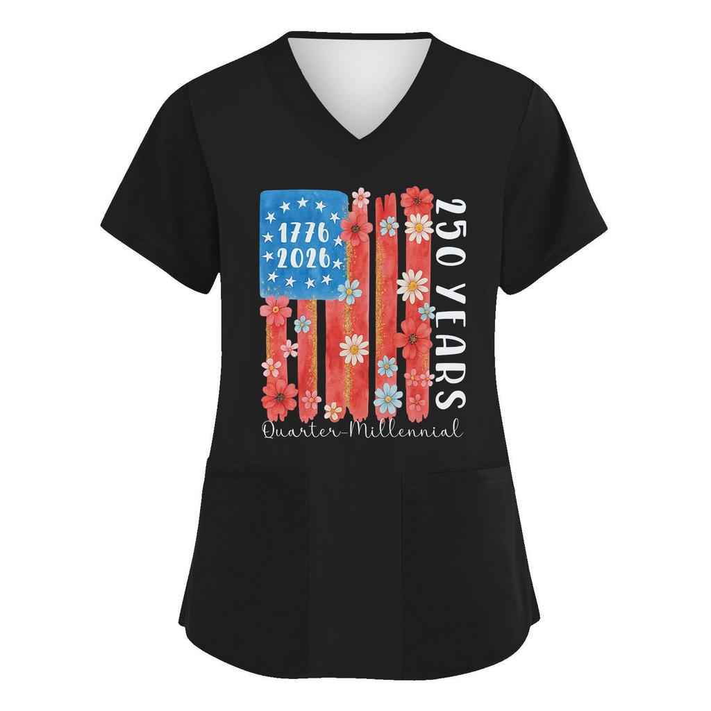 Женская топ с коротким рукавом, V-образным вырезом, принтом, памятной графикой 250 лет и двумя передними карманами, подходит для повседневной носки