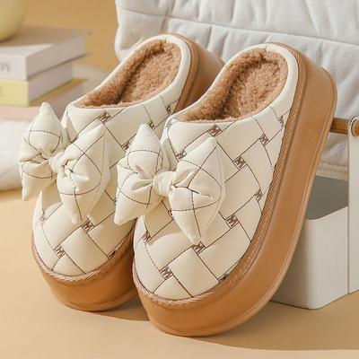 Новые тапочки с крестообразным узором, зимние женские водонепроницаемые домашние туфли, женские тапочки из искусственной кожи, женские мюли на меху с бантом на платформе