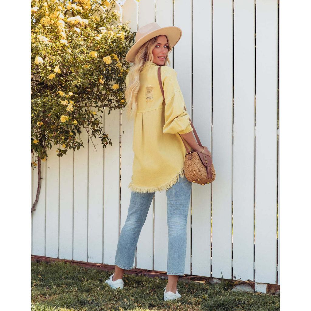 Lapel Long Sleeve Vintage Street Ripped Raw Edge Denim Jacket Women's