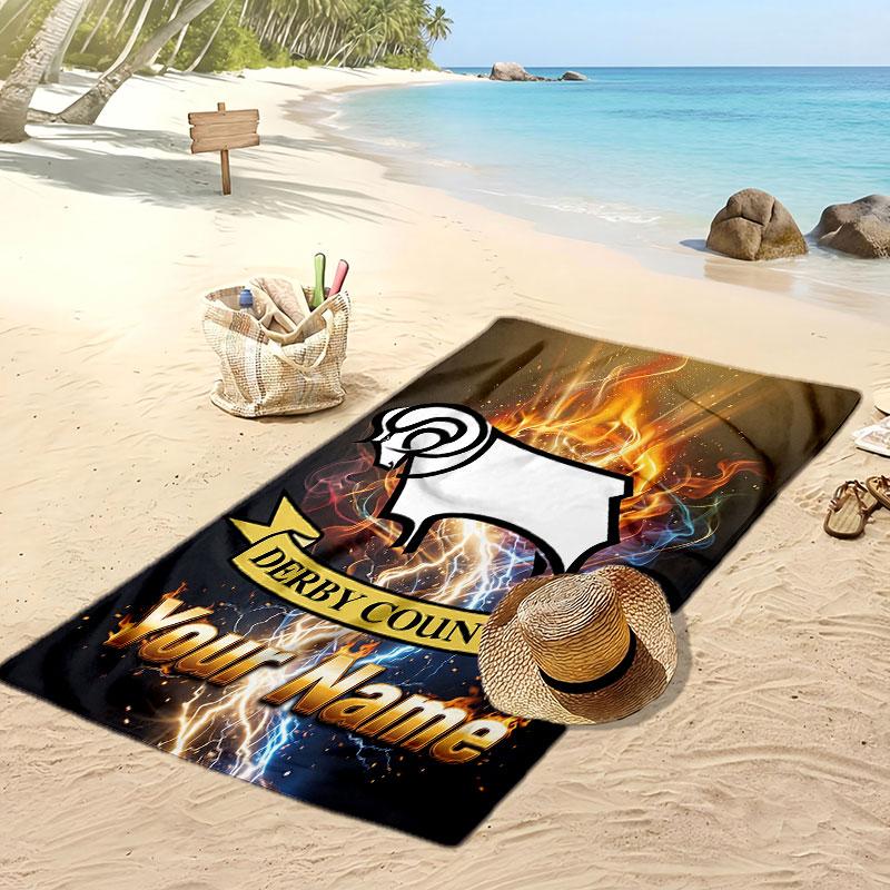 Derby County Personalized Printed Beach Towel Soccer Logo Support Custom Name Text Absorbent Towel For Sport Travel Special Gift