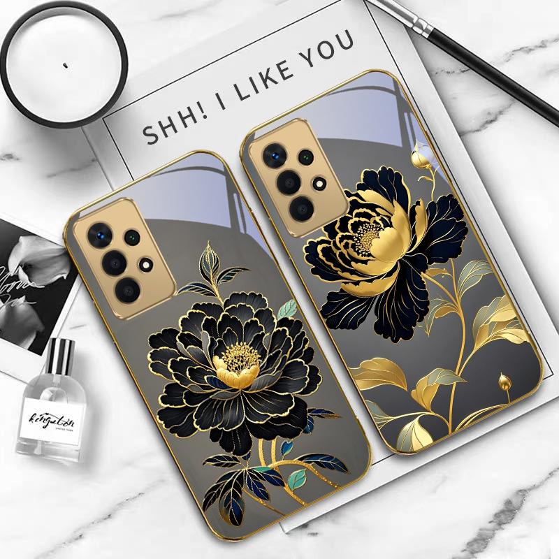Черно-золотой цветок пиона Для Samsung A 01 52S A04 A05S A10 A12 13 22 23 24 36 42 M02 Note 10 20Ultra 8 9 Золотой стеклянный чехол для телефона