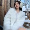 Осенне-зимние теплые пальто из лисьего меха с длинным рукавом, женские винтажные элегантные свободные куртки с круглым вырезом, женские однотонные повседневные женские куртки верхней одежды 25519