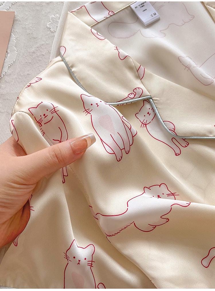 Женский мультяшный кот, короткий рукав, шелк-тусса, комплект пижамы