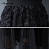 French Style Spring Summer Women Black Midi Skirt Elastic Waist Rose Mesh Patchwork Skirt Elegant Feminine Ladies' Chic Skirts