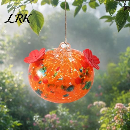 Цветная стеклянная кормушка для колибри, выдувная кормушка, подвесная на улице для птиц с нектаром, с двумя цветочными отверстиями для кормления, для декора сада и заднего двора