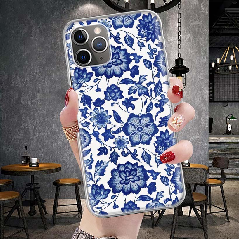 Сине-белый фарфоровый мягкий чехол для телефона для iPhone 11 17 Air 16E 16 Pro Max 15 + 14 Plus 13 Mini 12 Apple 7 SE 8 Fundas Coque 1