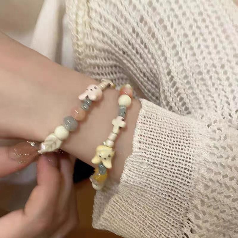 Sweet Pink Ceramic Rabbit Bead Bracelet Adorable Handcrafted Charm For Women And Men