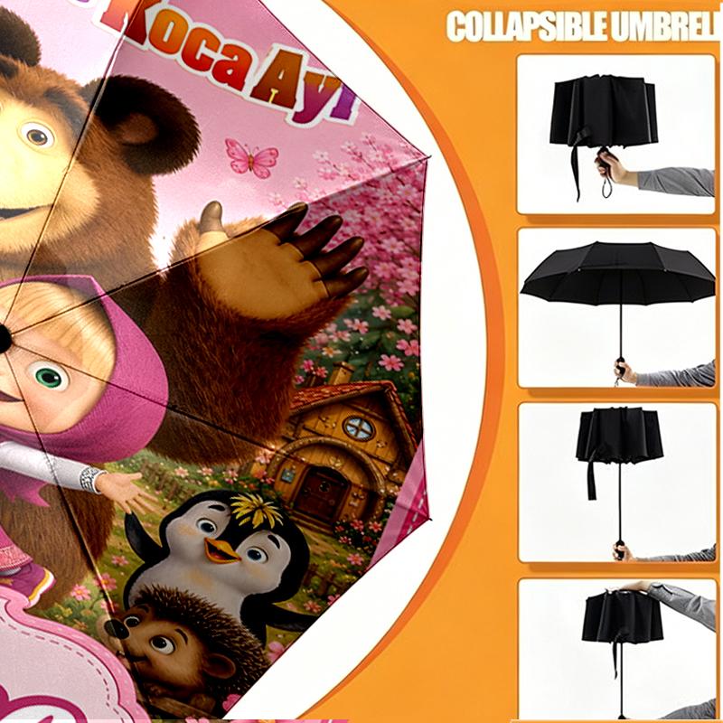 Custom Name Personalized Masha and The Bear Print Umbrella, Auto Open Close, 8‑Rib Sturdy Frame, Commute Camping Hiking Use, Birthday Gift