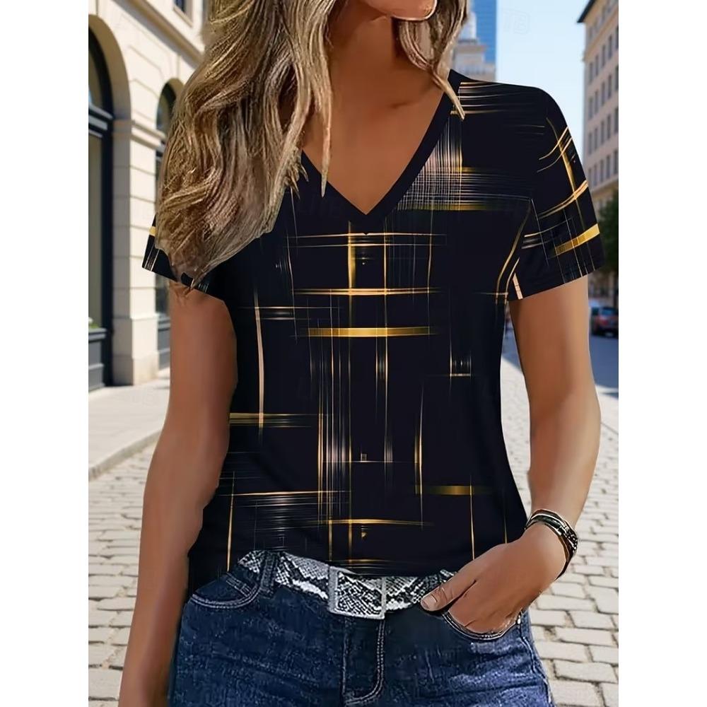 Women's T Shirt Print Graphic Geometric Striped Stylish Casual Short Sleeve V Neck Regular Tops