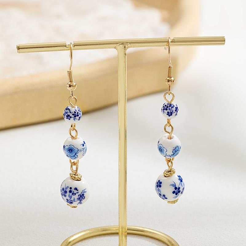 Blue White Porcelain Bead Earrings Round Chinese Style Retro for Women Han Fu Long Earring Pendant Niche Fashion Trend Accessory