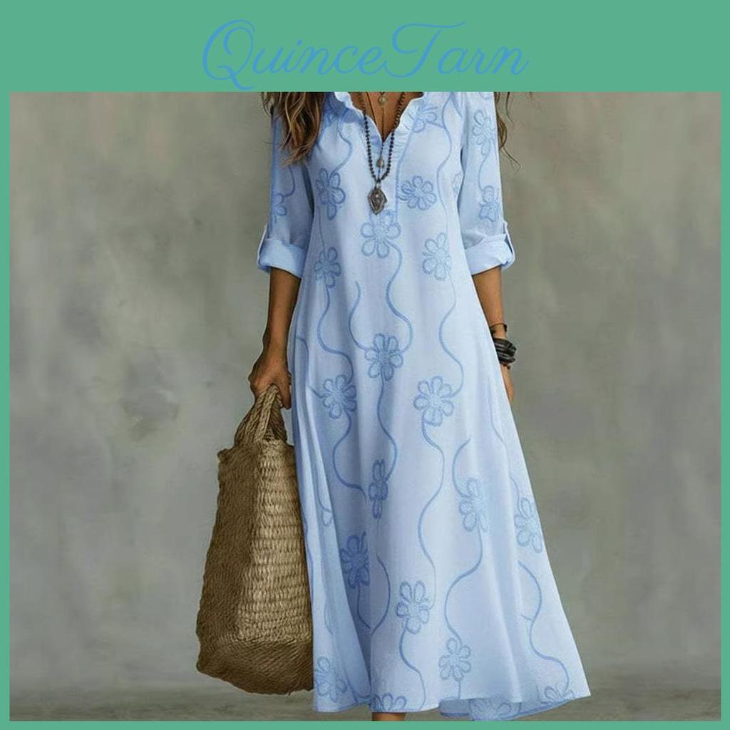 Dress Versatile Fashion Printed Lace Ruffled Vneck Longsleeved Womens Summer Resort Style Commuter Vestidos Long Dresses