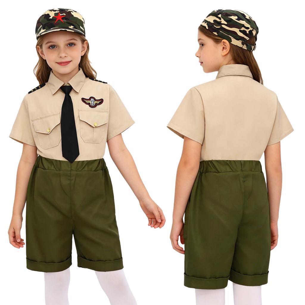 Kids Boys Girls Solider Military Uniforms Clothing Military Training Camp Outfit Short Sleeve Shirt Top with Pants Skirt Cap Tie