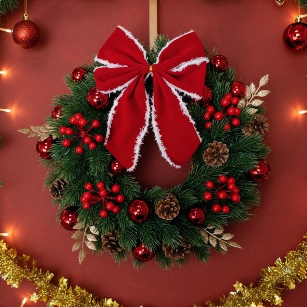 With LED Light and Bow Christmas Garland Artificial Pinecone Red Berries Xmas Door Hanging Window