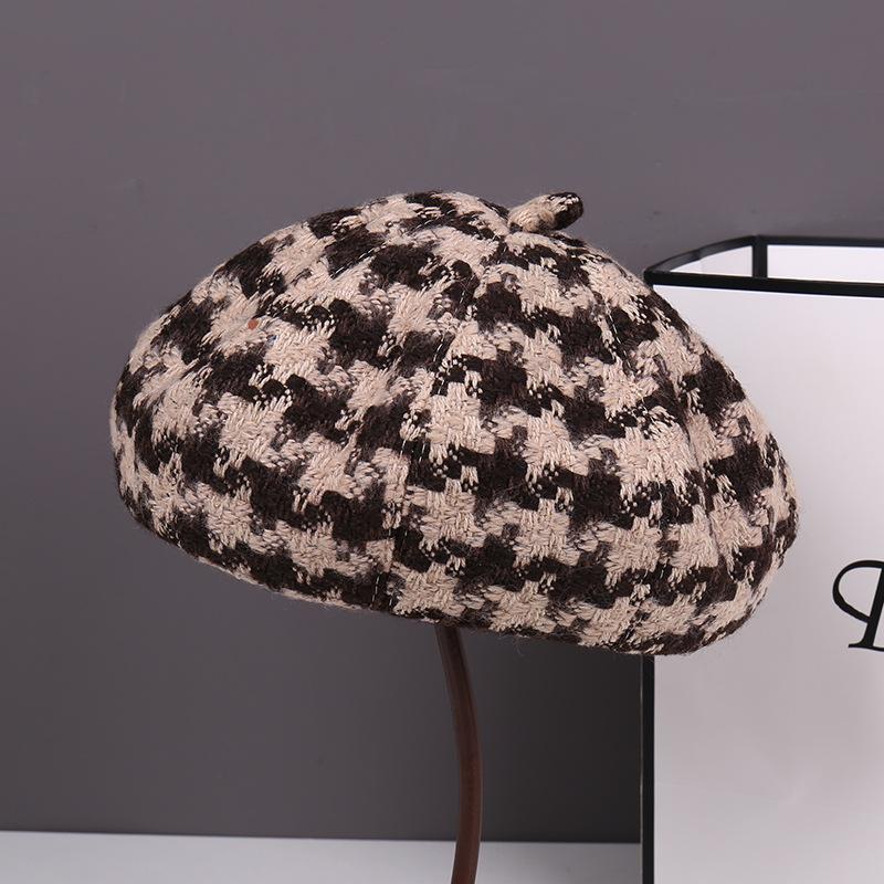 Beret women autumn and winter wool knitted beret Internet celebrity versatile fashion thousand bird grid star anise painter hat