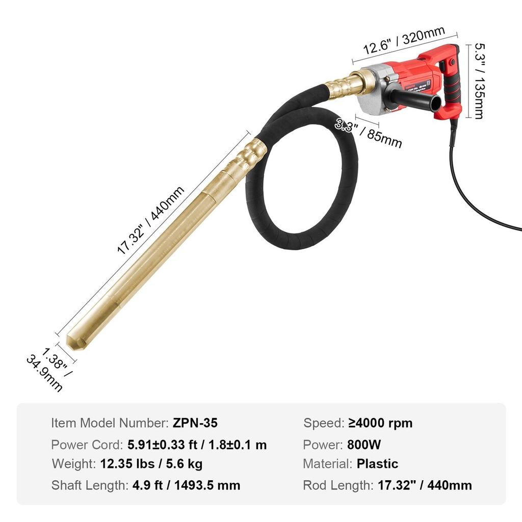 Handheld Electric Concrete Vibrator 800W 1.5M Shaft Air Bubble Remover