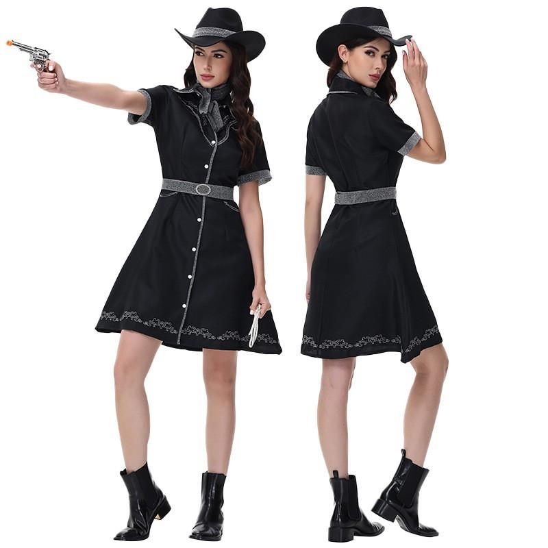 Western Cowboy Halloween Costume Dress With Hat Women Cotton Blend Party Outfit Size M XL