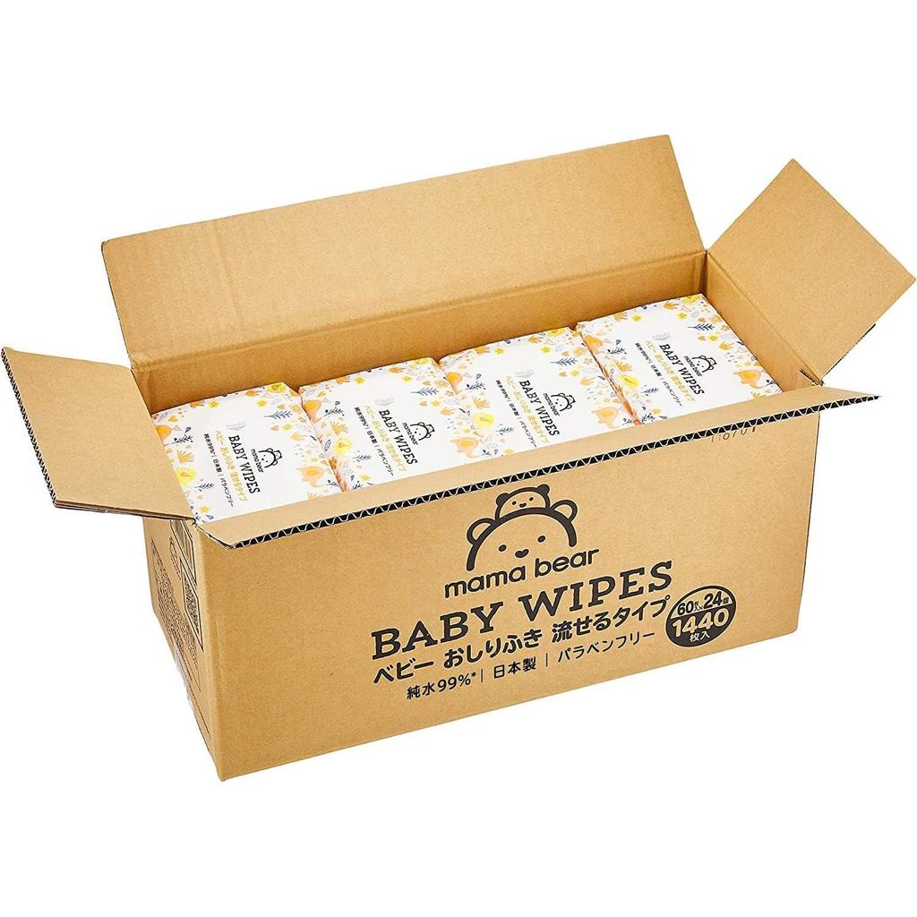 Салфетки Amazon Brand Mama Bear Baby Wipes Pure Flushable 60 шт. x 24 шт. Изготовлены из парабенов без запаха [Салфетки Flushable] 99,9% воды, тип, (1440 шт.)