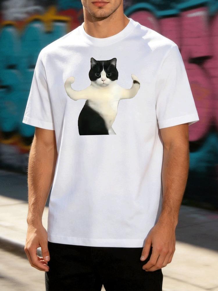 Unisex Crew Neck Tee Funny Muscular Bicolor Cat Meme Print Short Sleeve Loose Street Casual Summer Daily Top For Young Adult Males