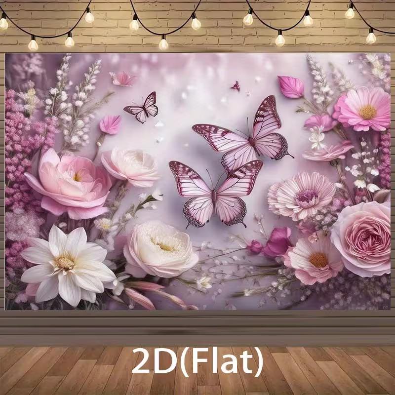 2D Bridal Shower Backdrop, Elegant Pink Floral & Butterfly Banner
