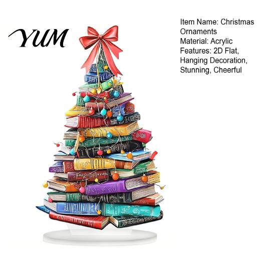 Compact Christmas Gift for Friends Stacked Book Tree Ornament, 2D Flat Stacking Holiday Hanging Decoration, Ornaments Reading Theme Acrylic