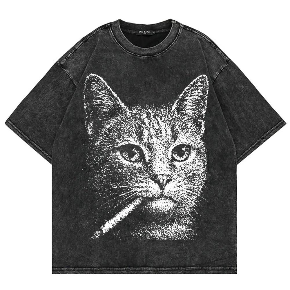 Hot Sale Funny Meme Smoking Cat Graphic Print T-Shirt Men Women Summer New Tee Retro Washed O-neck Cotton Casual Oversized Top