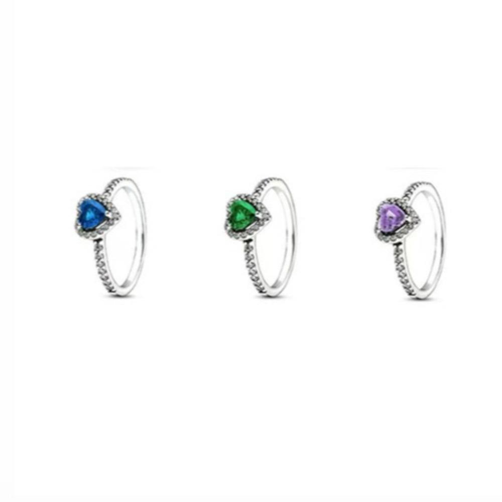Pan Silver Plated Ring for Women Heart Shaped with Diamond Light Purple Blue Green Love Fashion Jewelry