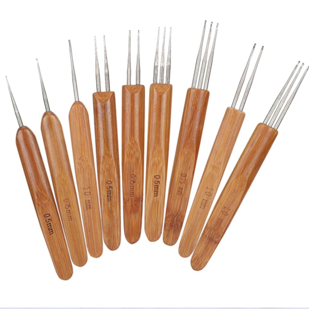 9шт. Набор крючков для вязания дредов, одинарный, двойной, 3 бамбуковых ручки, инструмент для плетения косичек