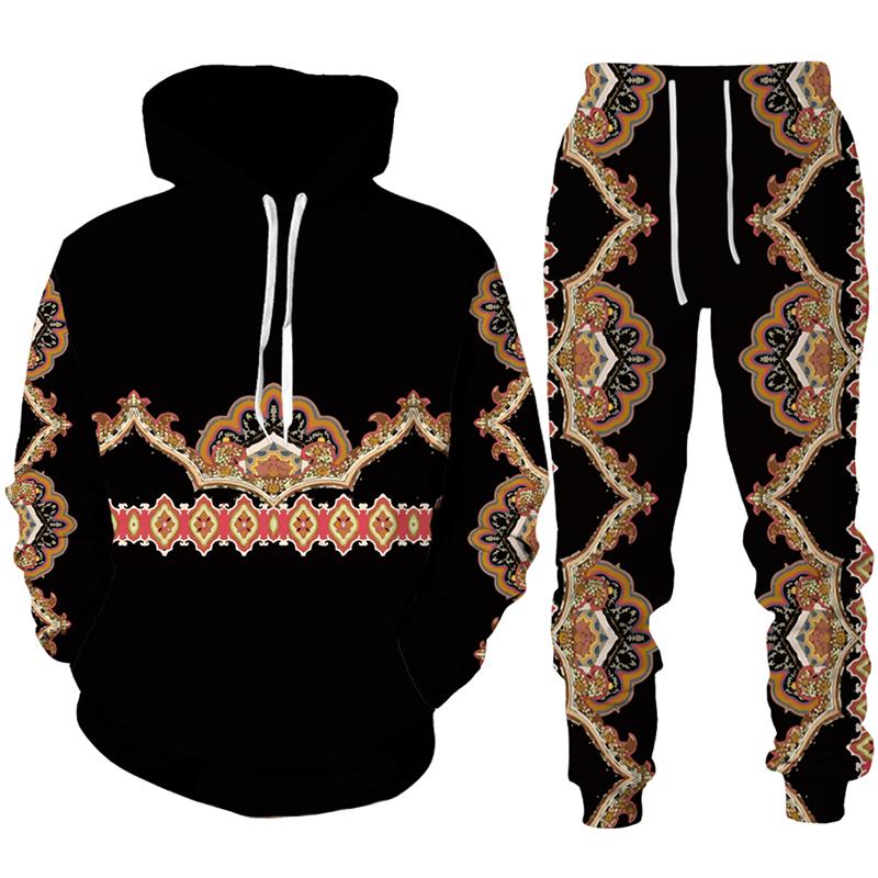 Luxury Golden Floral Print Men's 2 Piece Outfit Retro Baroque Pattern Hoodie/Pants/Set Hip Hop Streetwear Men/Women Jogging Suit