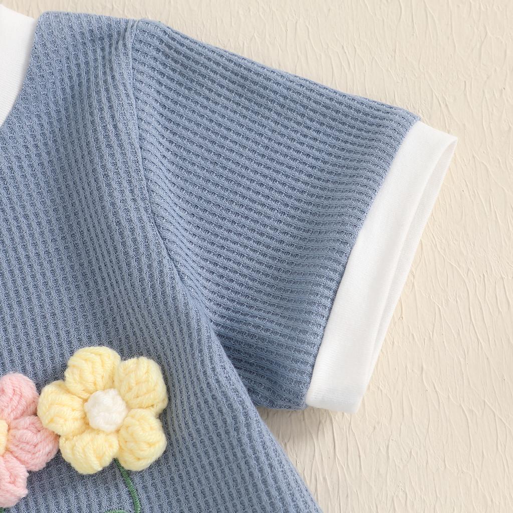 Toddler Girl Summer Waffled Clothes 3D Flower Short Sleeve Round Neck Tops Elastic Waist Shorts Outfit