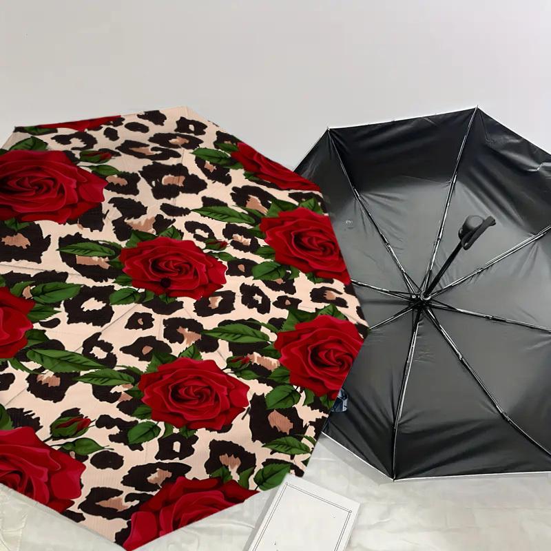 1PC Rose Leopard Print Umbrella-9-Rib Reinforced, Automatic Open, Lightweight & Durable, Cute Fashion Accessory for Outdoor-P0723