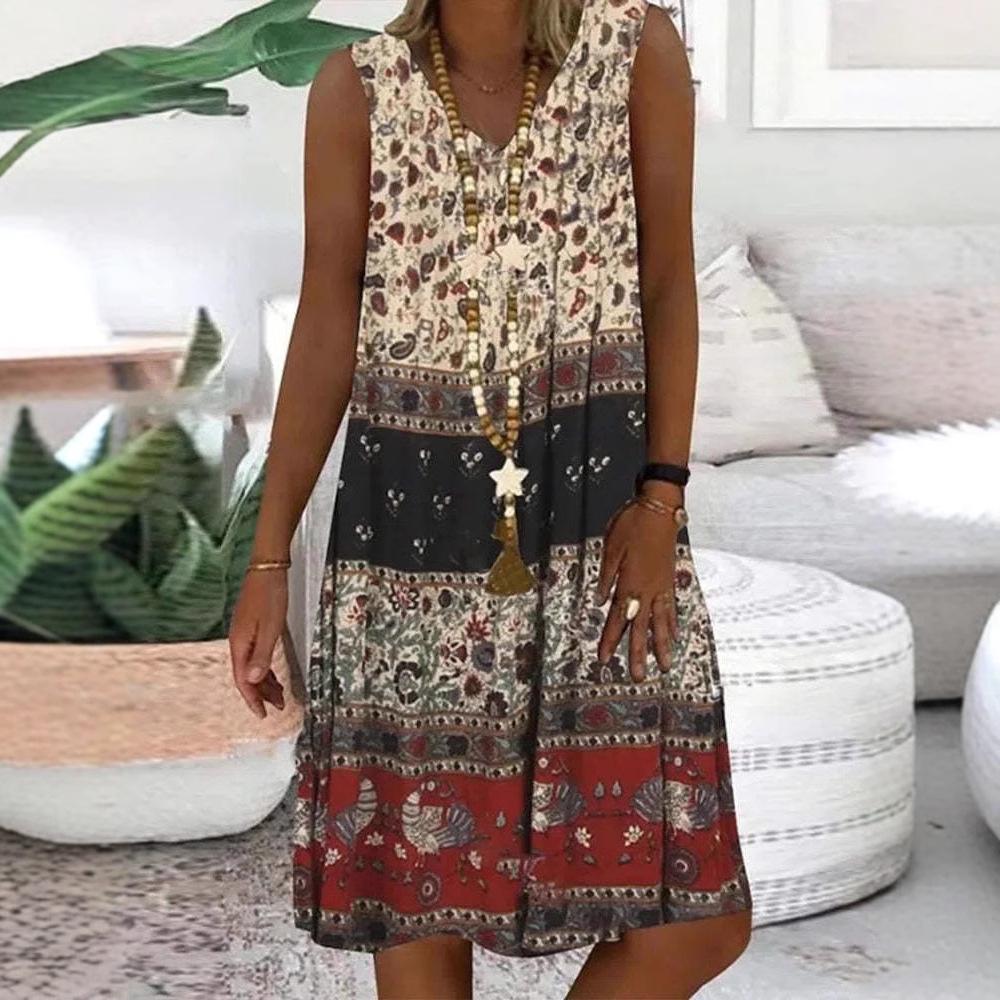 Женское платье с V-образным вырезом и цветочным принтом в стиле Юго-Восточной Азии 2025 года