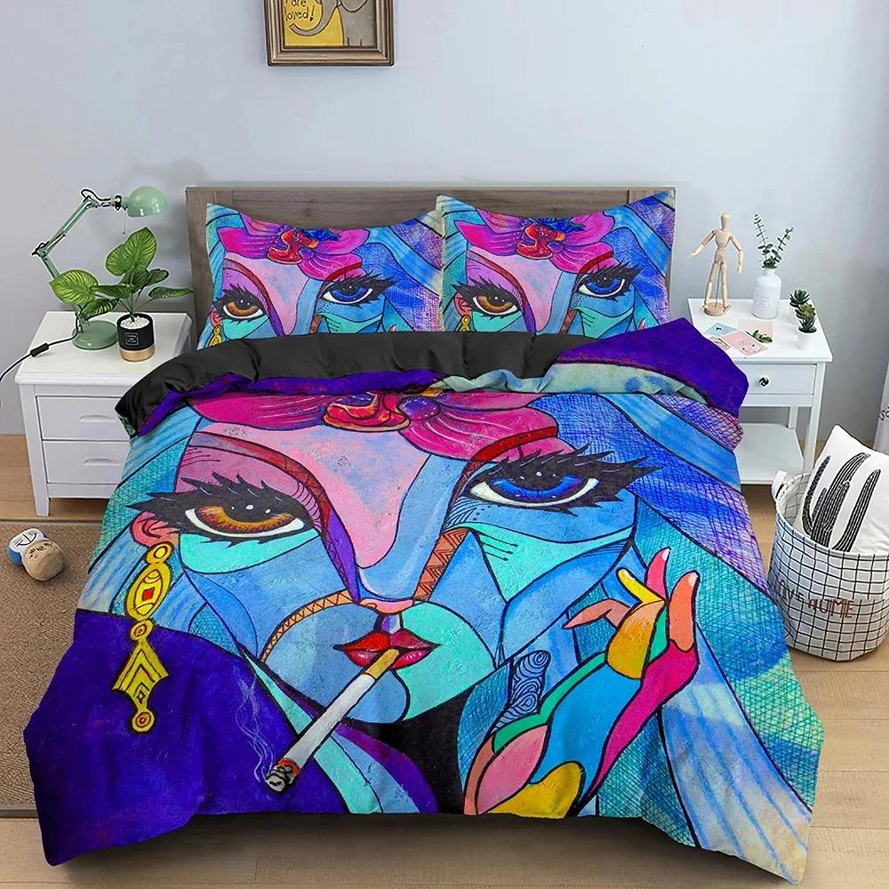 Абстрактное лицо King Queen Пододеяльник Женский портрет Постельное белье Граффити Одеяло Покрывало Фантазийный дизайн Полиэстер Одеяло Покрывало