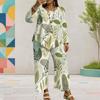 Women Plus Size Tropical Leaf Printed Round Neck Long Sleeve Layered Top Wide Leg Cropped Pants Two Piece Set