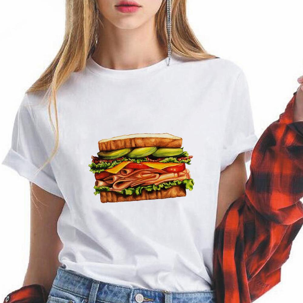 Hamburger Print T Shirt Femme Humor Funny Summer Clothes Y2K Short Sleeve Personalized Tops Tees Fashion
