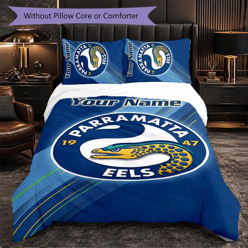 Parramatta Eels Customized Name Text Bedding Set, 1 Duvet Cover & 2 Pillowcases Personalized Bedroom Gift