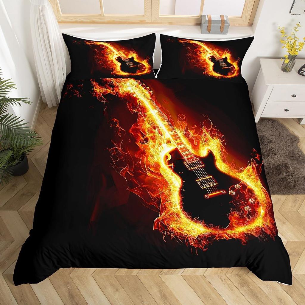 Guitar Duvet Cover Twin,Modern Music Themed Bedding Set Kids Cool Hip Pop Inspired Bed Cover,Musical Instrument Comforter Cover