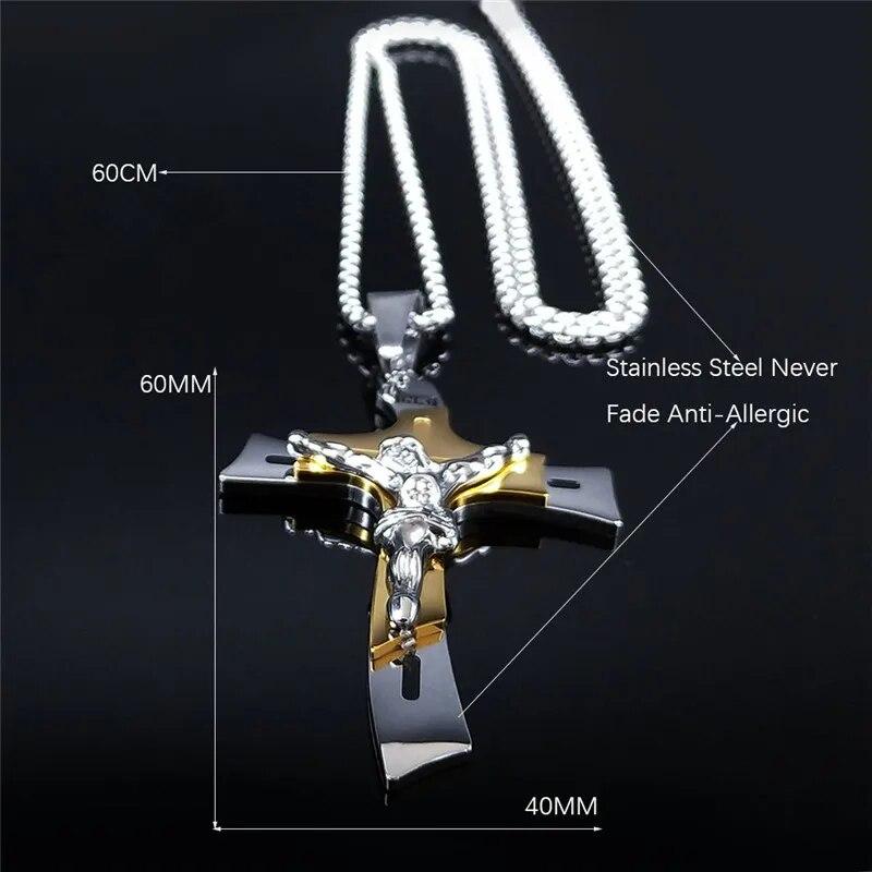 Cross Jesus Crucifix Stainless Steel Multilayer Pendant Necklace Gold Silver Color Male Necklace Jewelry Collier Homme NXH43S02