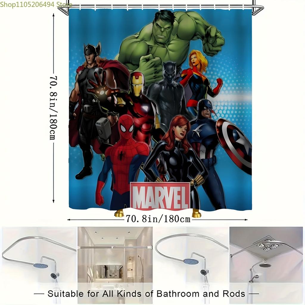 1 шт. Занавеска для душа Marvel с крючками - Яркий полиэстеровый дизайн, Машинная стирка, Без подкладки, Персонаж мультфильма Ванная комната